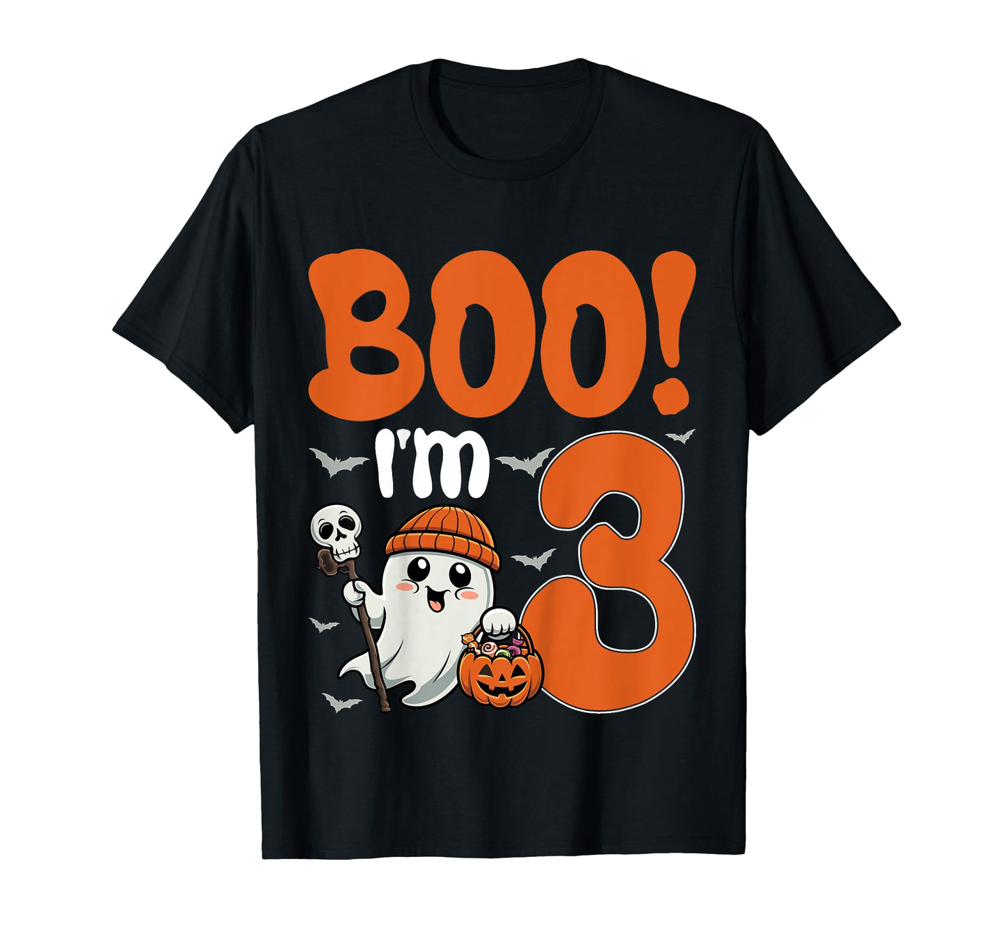 Kids Boo I'm 3 Halloween Spooky Pumpkin 3rd Birthday Party Kids T-Shirt