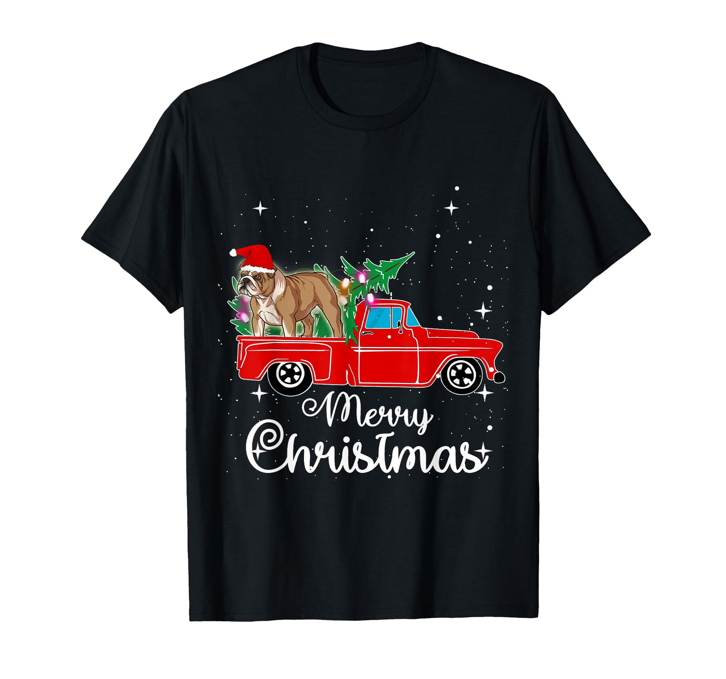 English Bulldog Dog Red Truck Christmas Tree Lights Xmas T-Shirt