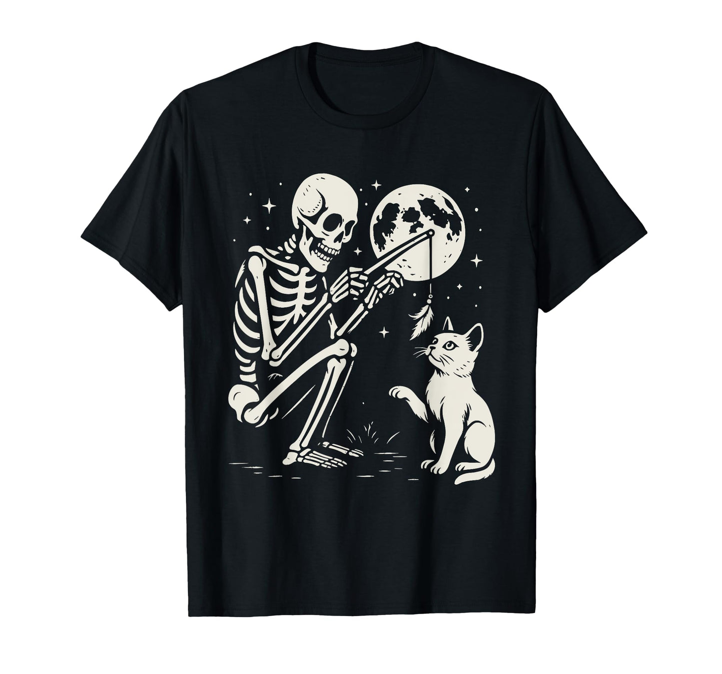 Skeleton Cat Moon Night Halloween Funny Cute Men Women Girls T-Shirt