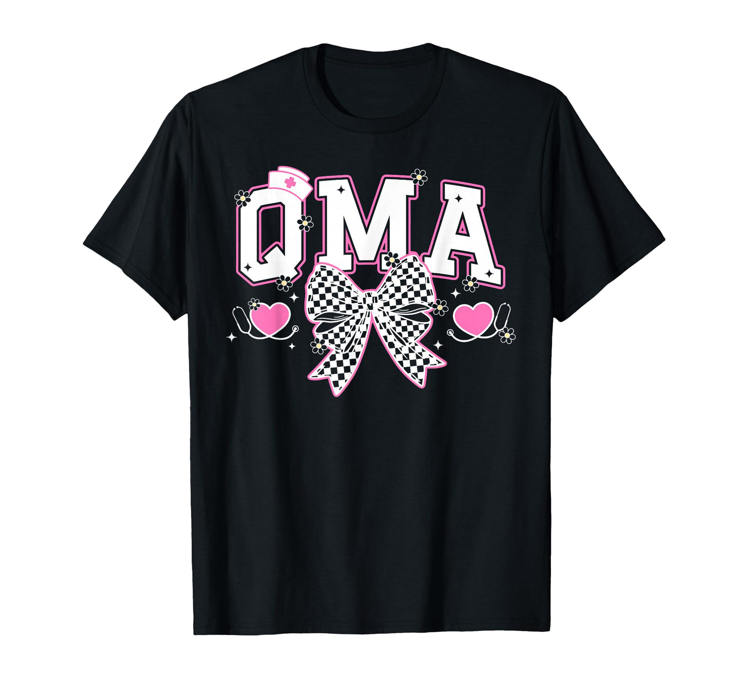 Retro QMA Coquette Bow Checkered Qualified Medication Aide T-Shirt