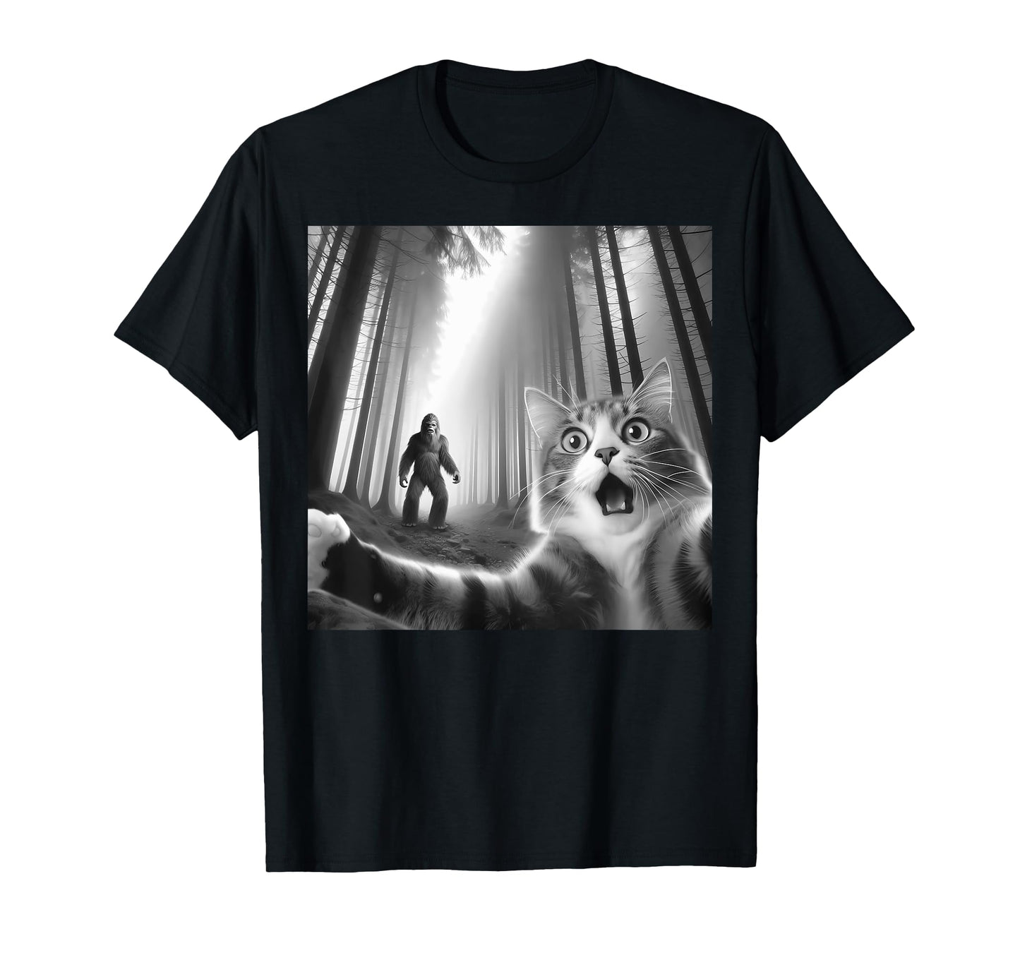 Funny Tee Surprised Scared Cat Selfie With Bigfoot Sasquatch T-Shirt for Men Women Kids