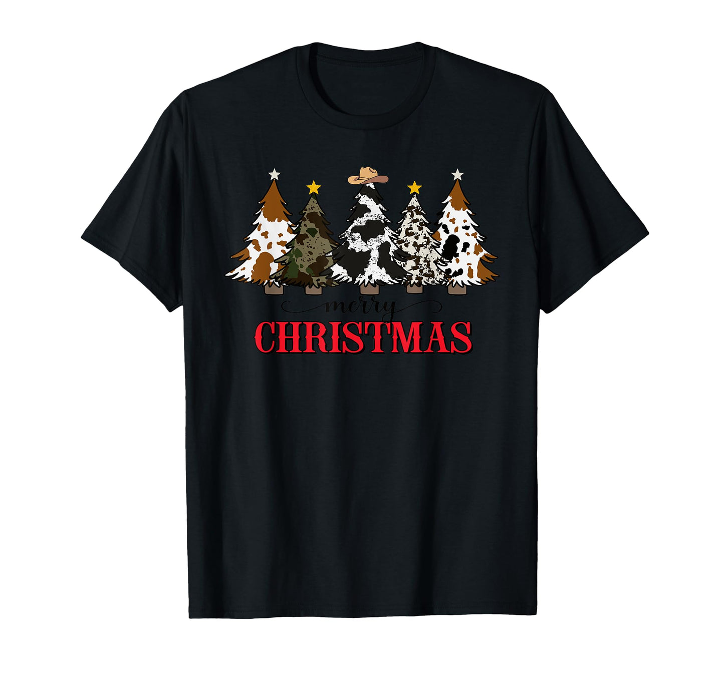 Merry Christmas Tree Western Cowhide Xmas Cowboy Farm Lover T-Shirt