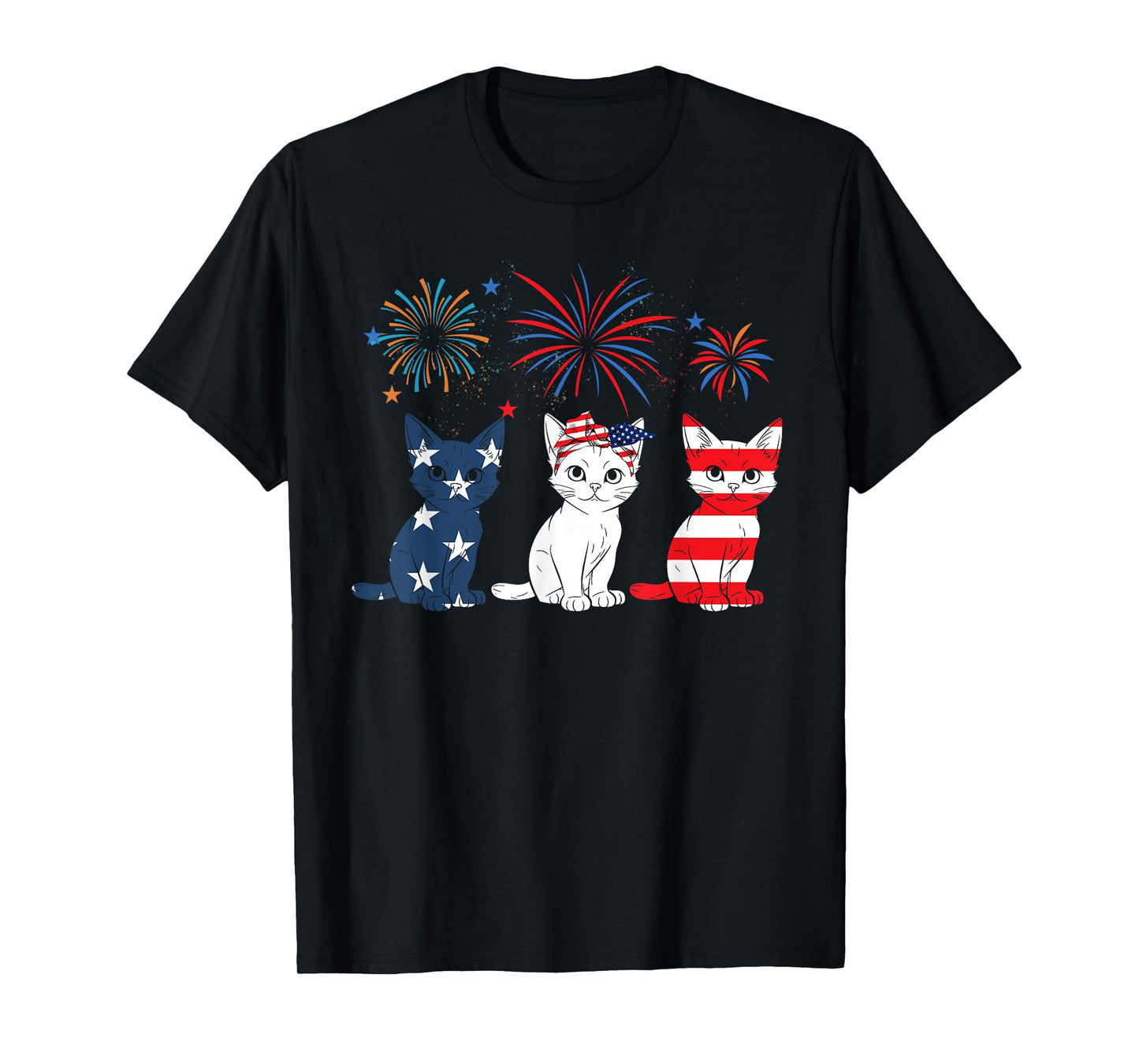 Red White Blue Cat USA Flag Firework 4th Of July T-Shirt