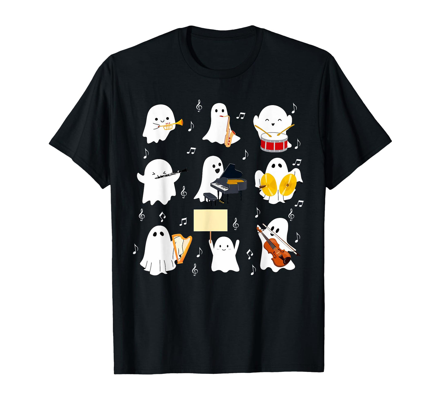 Ghost Playing Musical Instruments Halloween Music Teacher T-Shirt