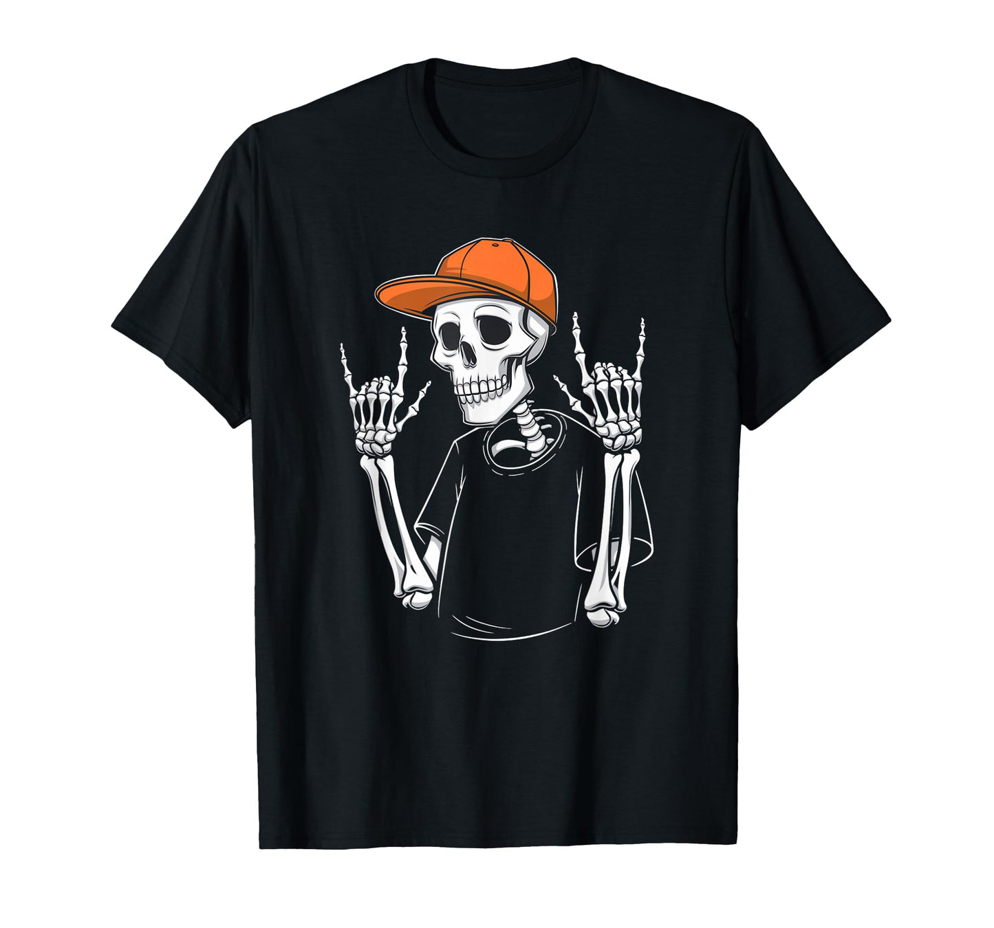 Cool Skeleton Rocking Orange Hat Funny Halloween Skull Art T-Shirt