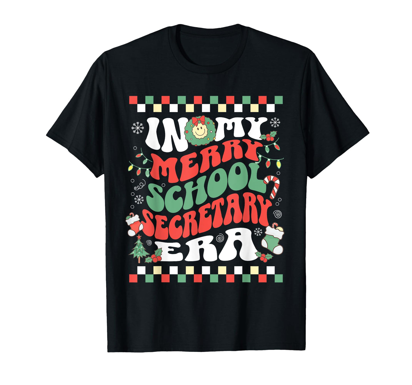 In My Merry School Secretary Era Retro Groovy Christmas T-Shirt