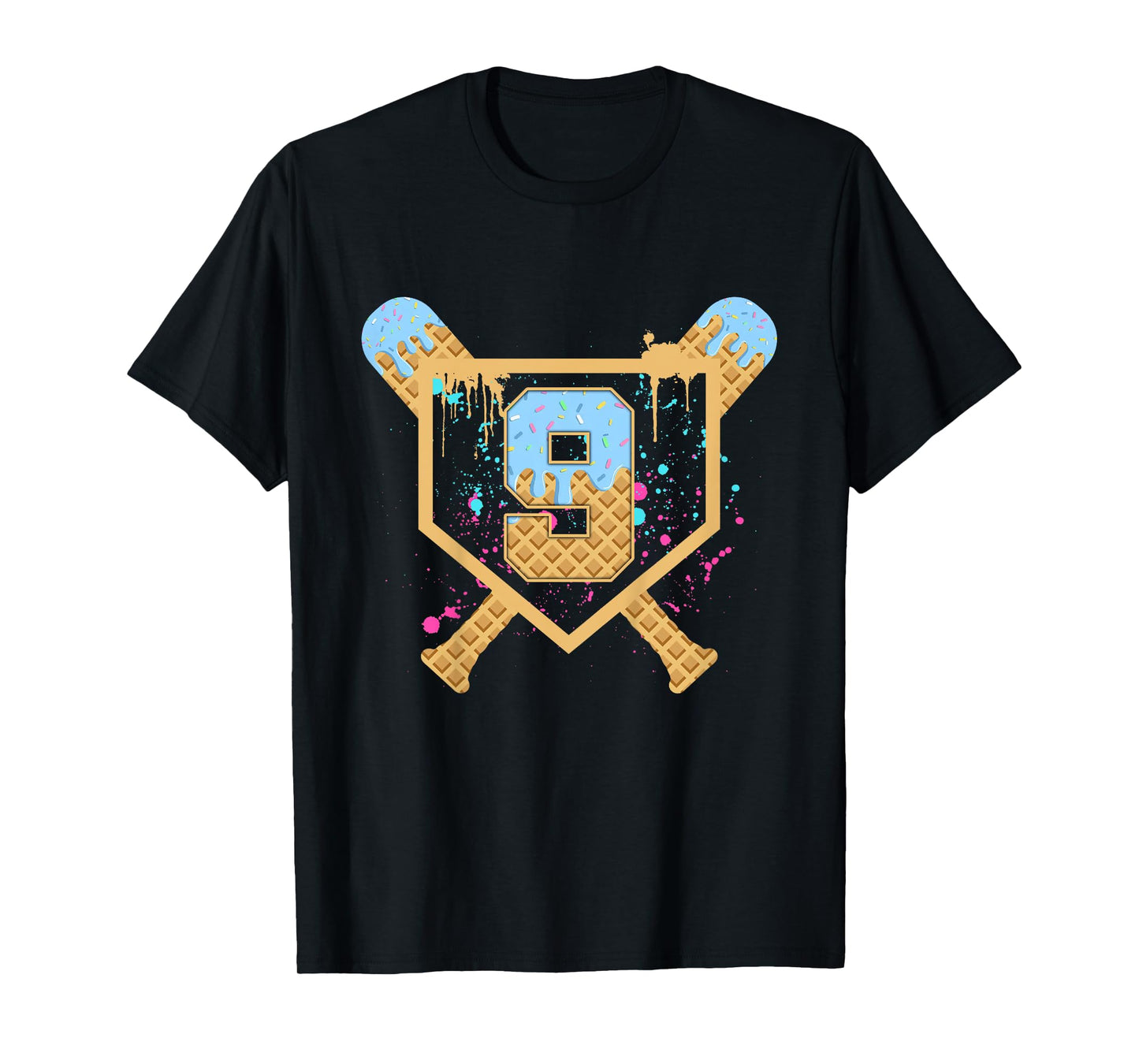 Kids Baseball 9 Year Old Ice Cream Drip 9th Birthday Boy Number 9 T-Shirt