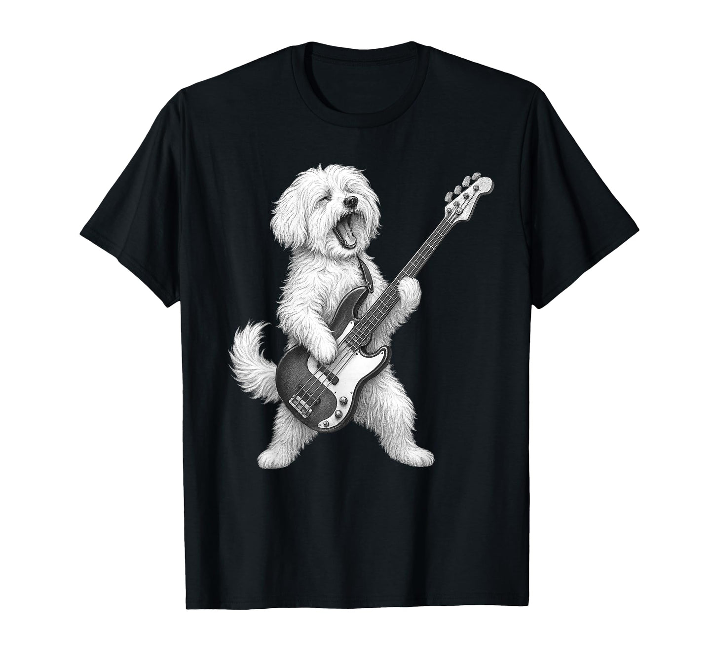 Maltese Dog Playing Bass Guitar Rock Music Dog Lover T-Shirt for Men Women Kids