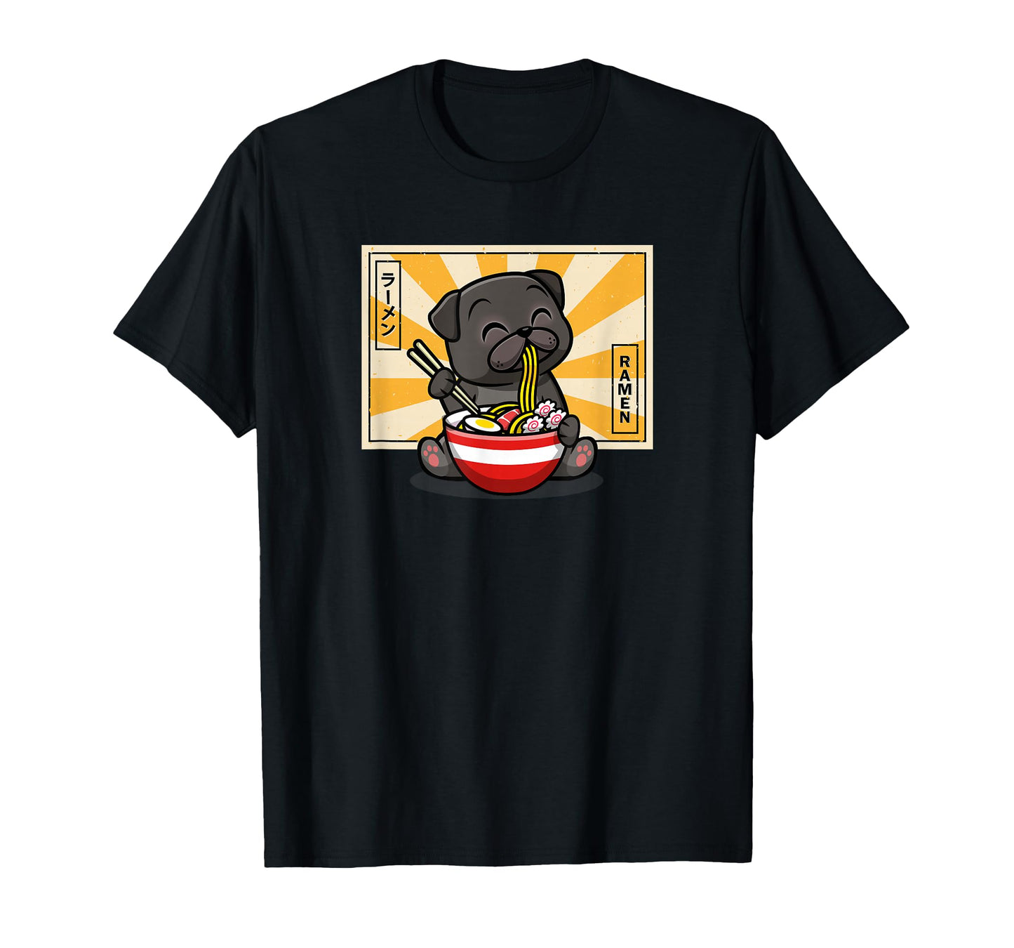 Funny Cartoon Japanese Kawaii Kids Ramen Black Pug Lover T-Shirt