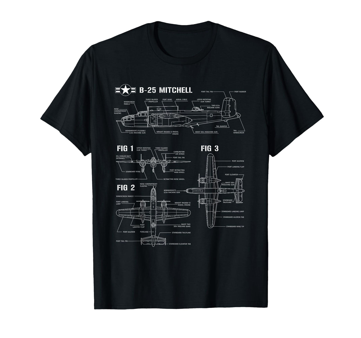 World War 2 American Aircraft B-25 Mitchell Bomber blueprint T-Shirt