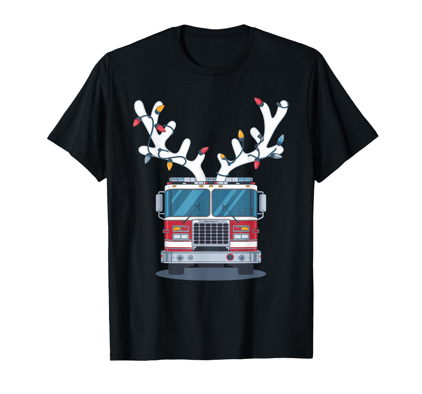 Christmas Firetruck Firefighter Xmas Unisex-Adult T-Shirt, Black, Small, Short Sleeve