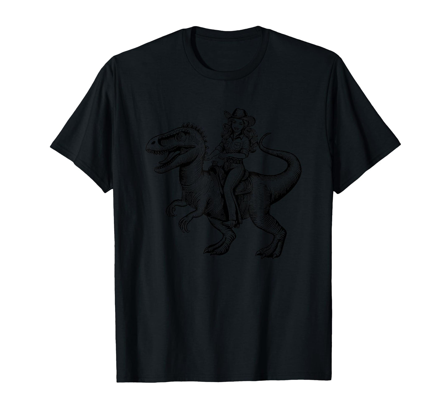 Generic Funny Retro Vintage Western Cowboy Cowgirl Riding a Dinosaur T-Shirt, Small, Grey