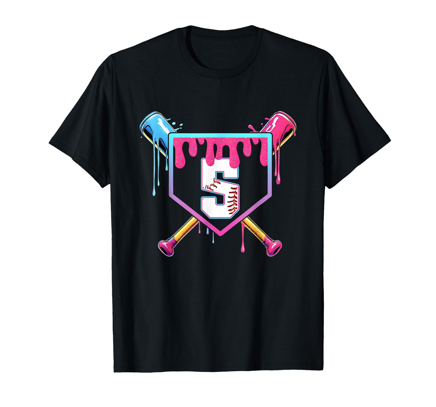 5th Birthday Ice Cream Drip Baseball Splatter 5 Years Kids T-Shirt