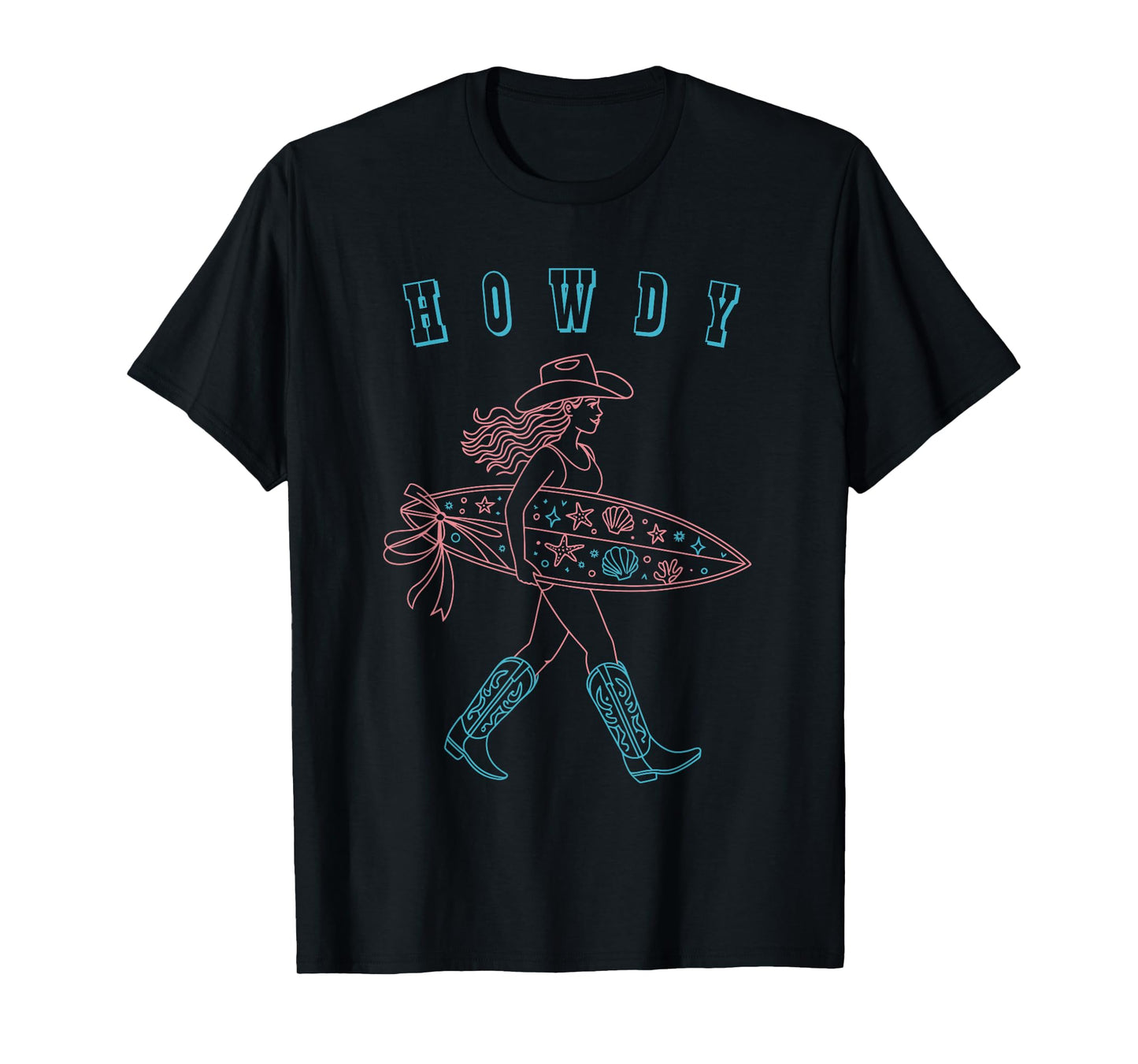 Western Howdy Cowgirl with Surfboard Beach T-Shirt