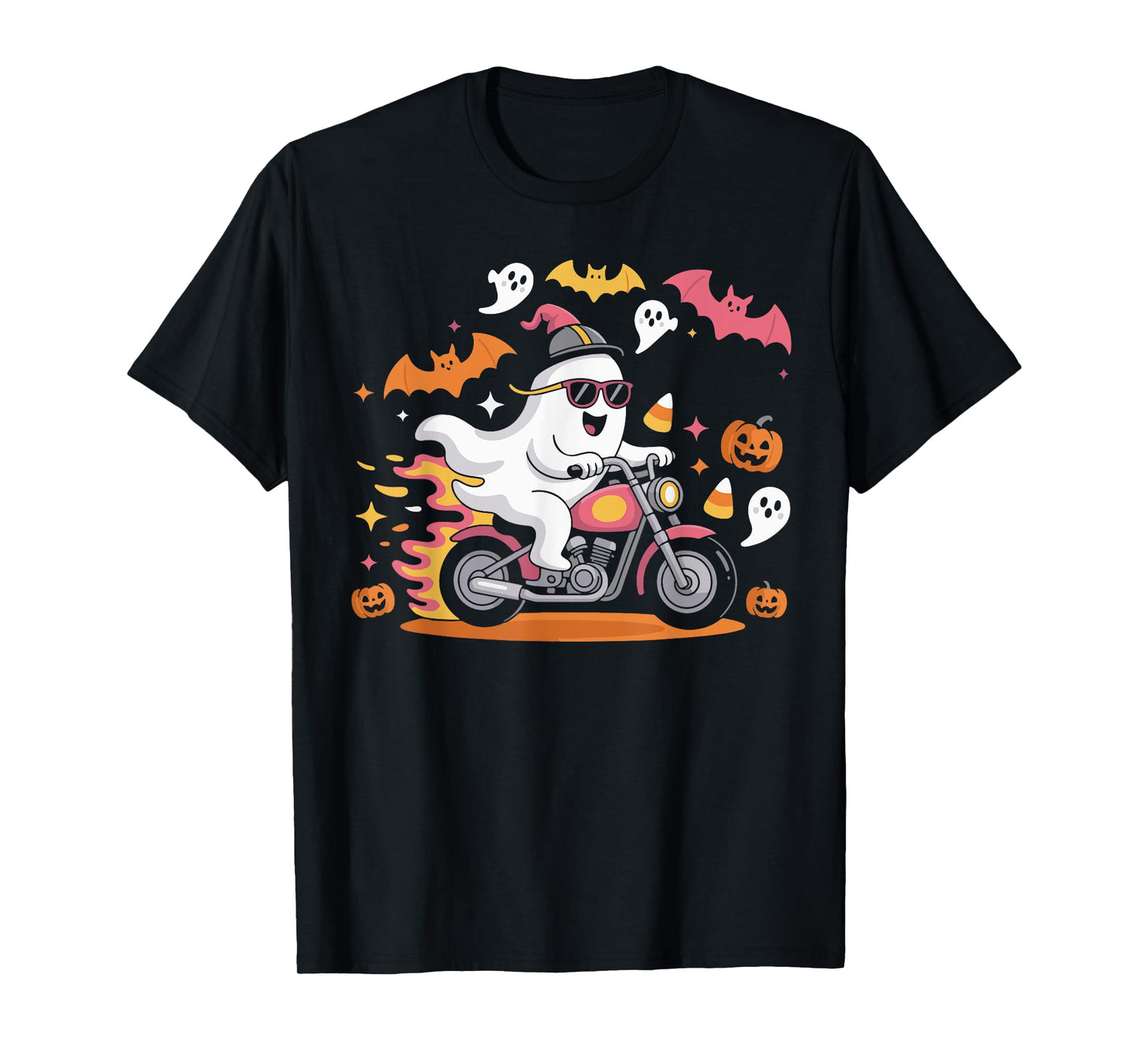 Funny Ghost Biker Halloween With Flames And Pumpkins Men T-Shirt