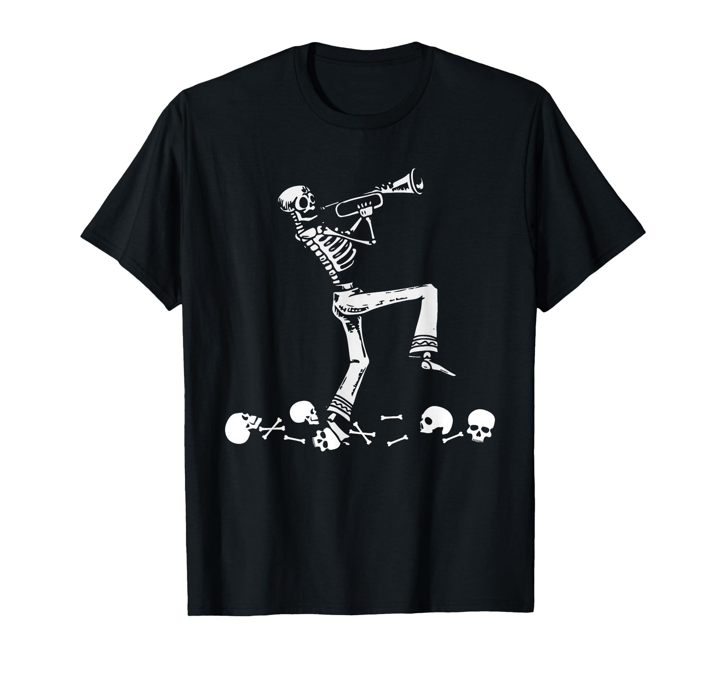 Skeleton Playing Trumpet Instruments Musician Halloween T-Shirt