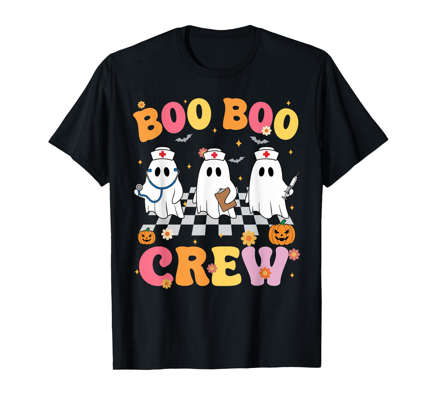 Retro Groovy Boo Boo Crew Halloween Ghost Nurse T-Shirt