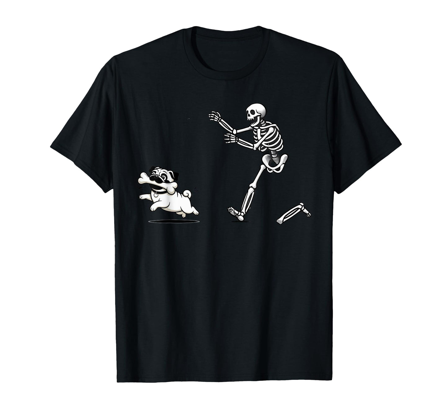 Funny Pug Dog Steals Bone from Skeleton Design T-Shirt