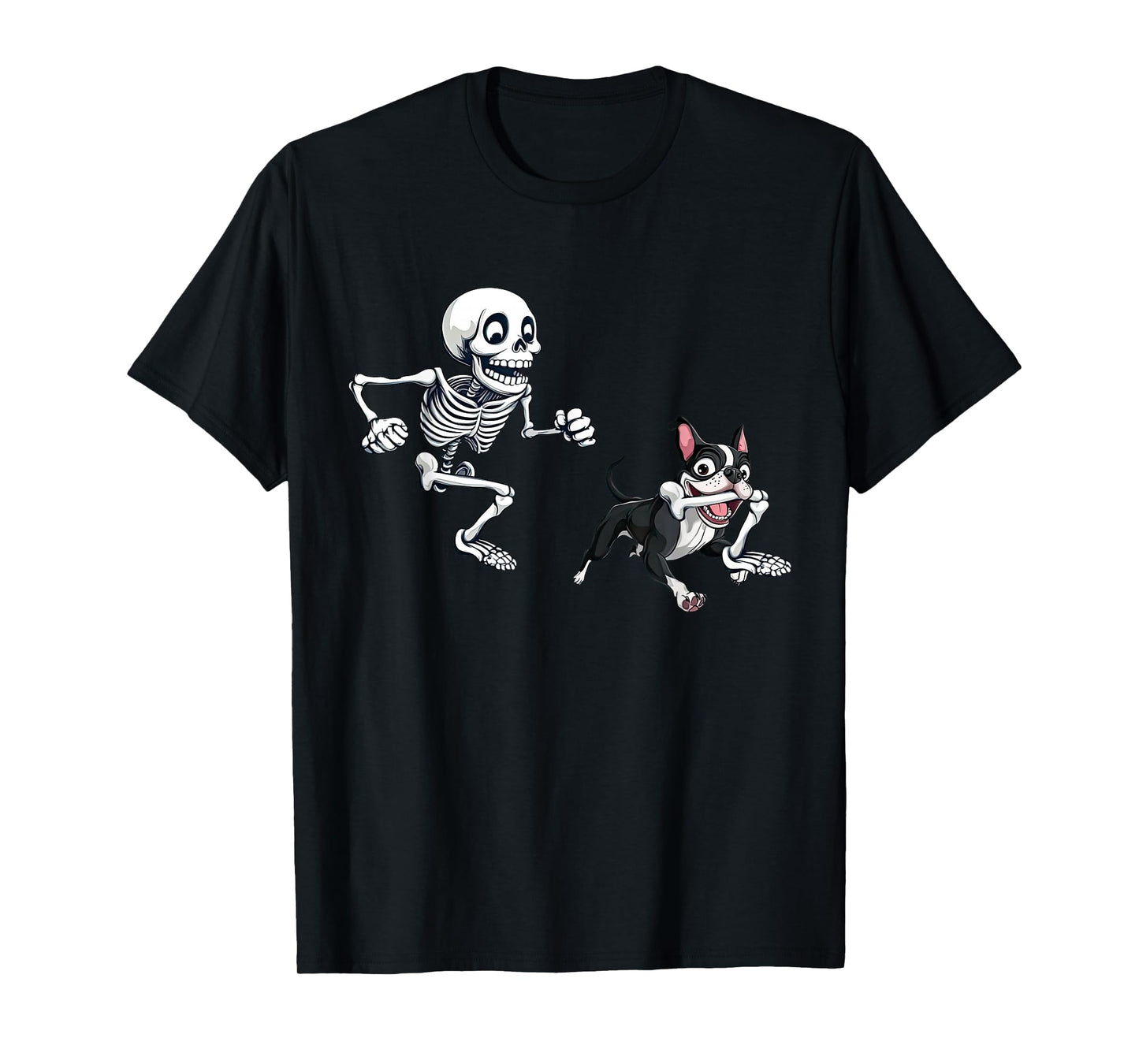 Skeleton Chasing Dog Boston Terrier Halloween Pet Lover T-Shirt