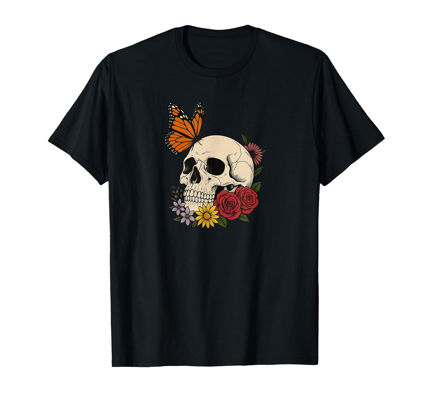 Skulls Monarch Butterfly Flowers Halloween Men Women T-Shirt