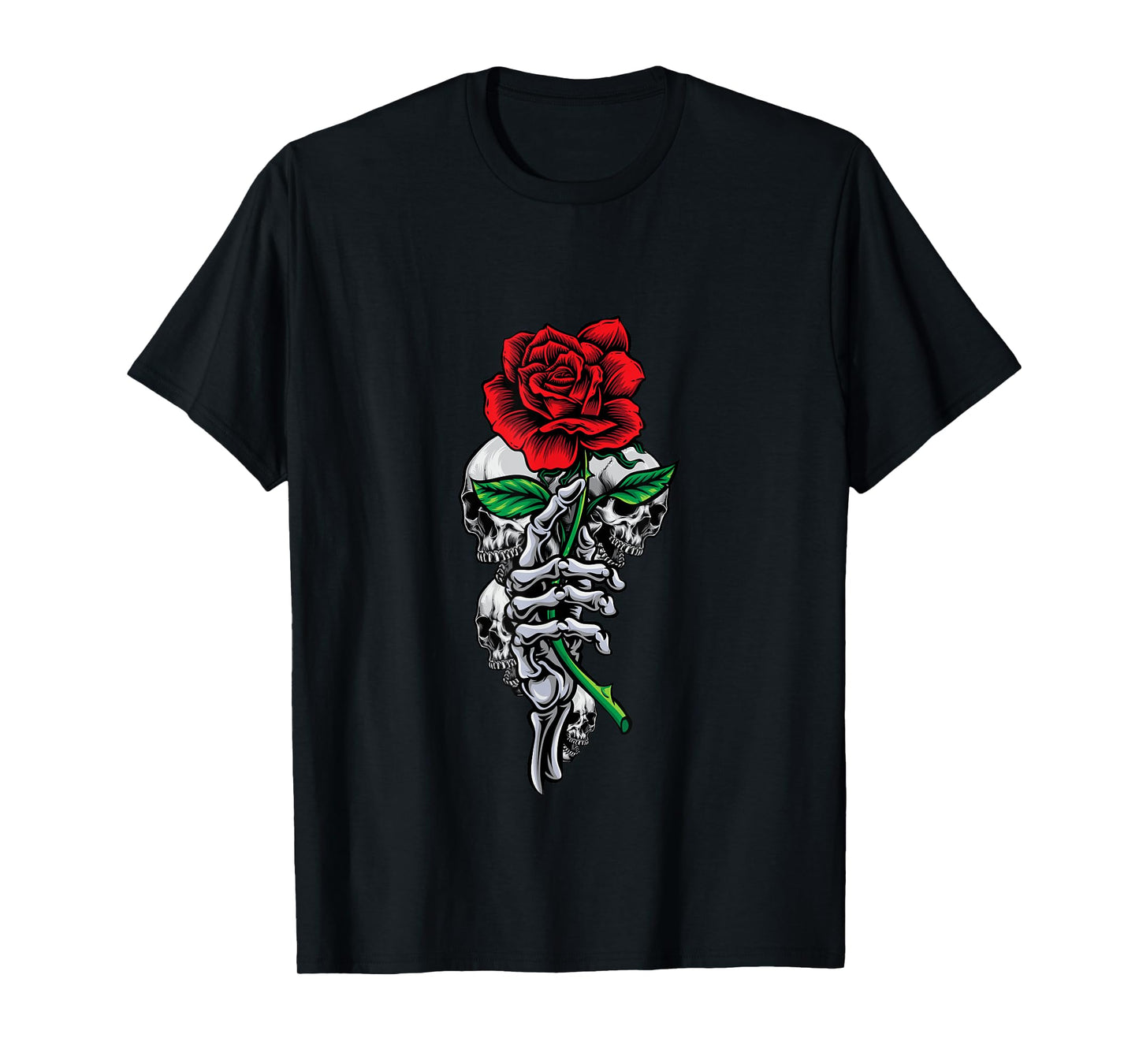 Skeleton Hand Red And Beautiful Rose Flower And Skulls Art T-Shirt