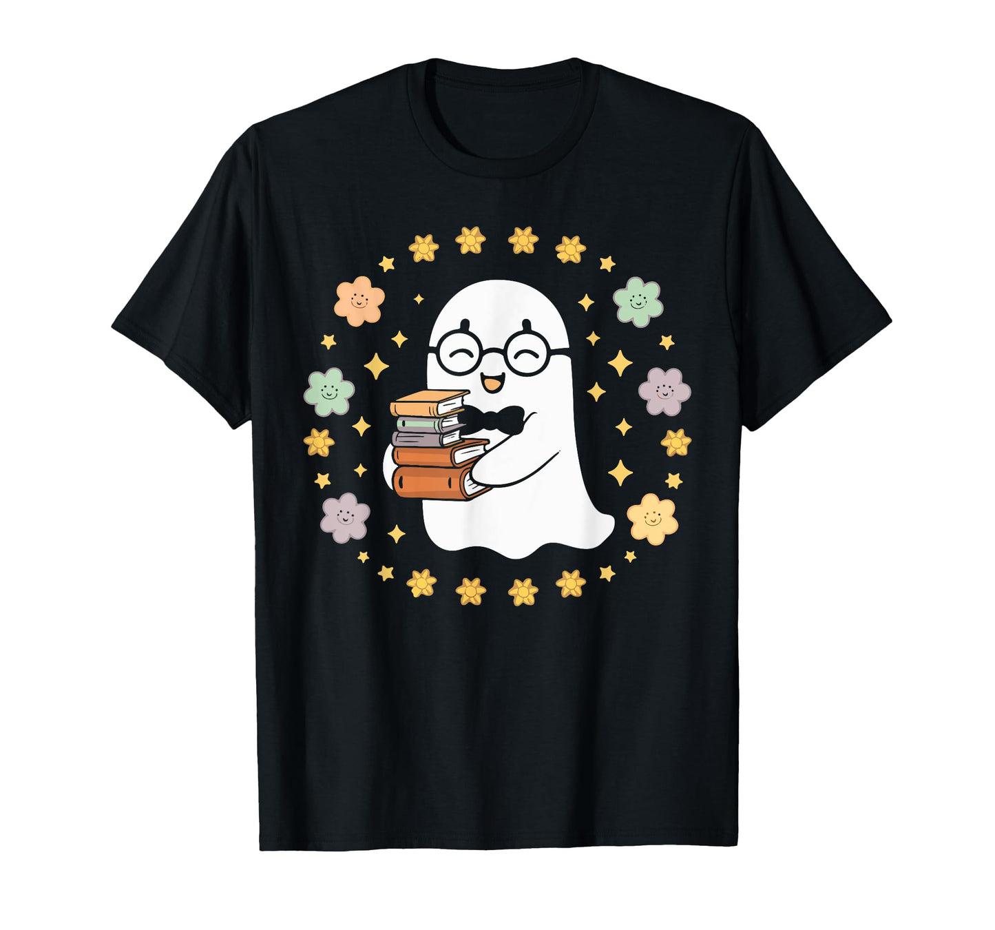 Ghost with Books Surrounded by Smiling Halloween Flowers T-Shirt