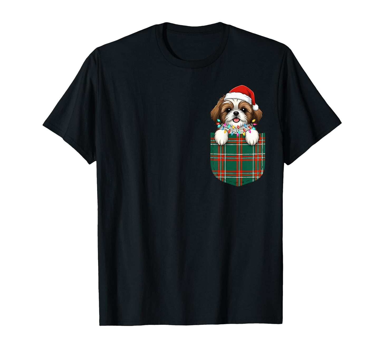 Shih Tzu Buffalo Plaid Green Red White Pocket Christmas T-Shirt