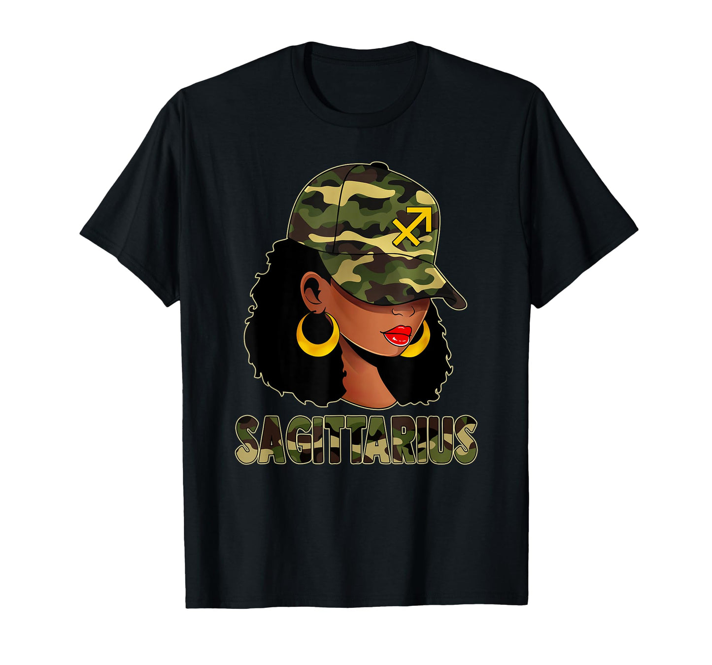 Sagittarius Queen Camouflage Black Woman Cap Zodiac Sign T-Shirt