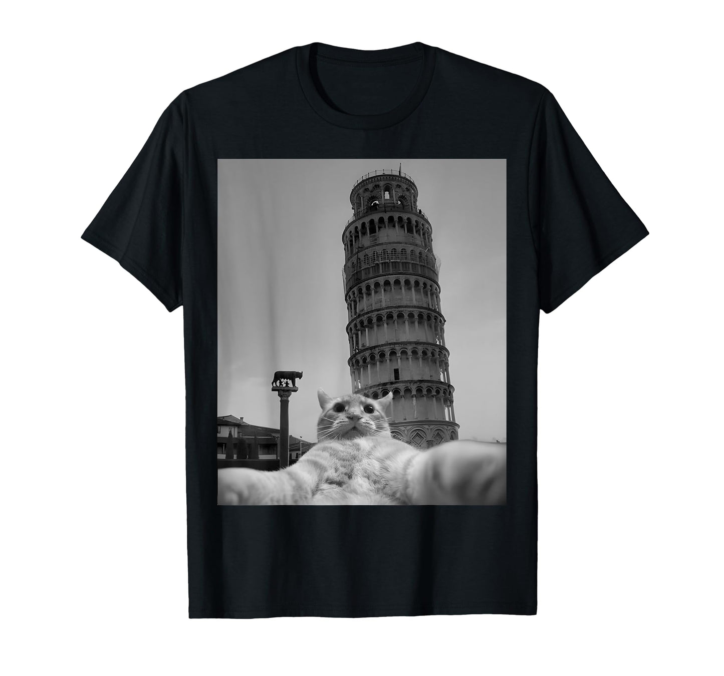 Cat Selfie Pisa Tower Italy Funny Animal Casual Outfit T-Shirt for Men Women Kids