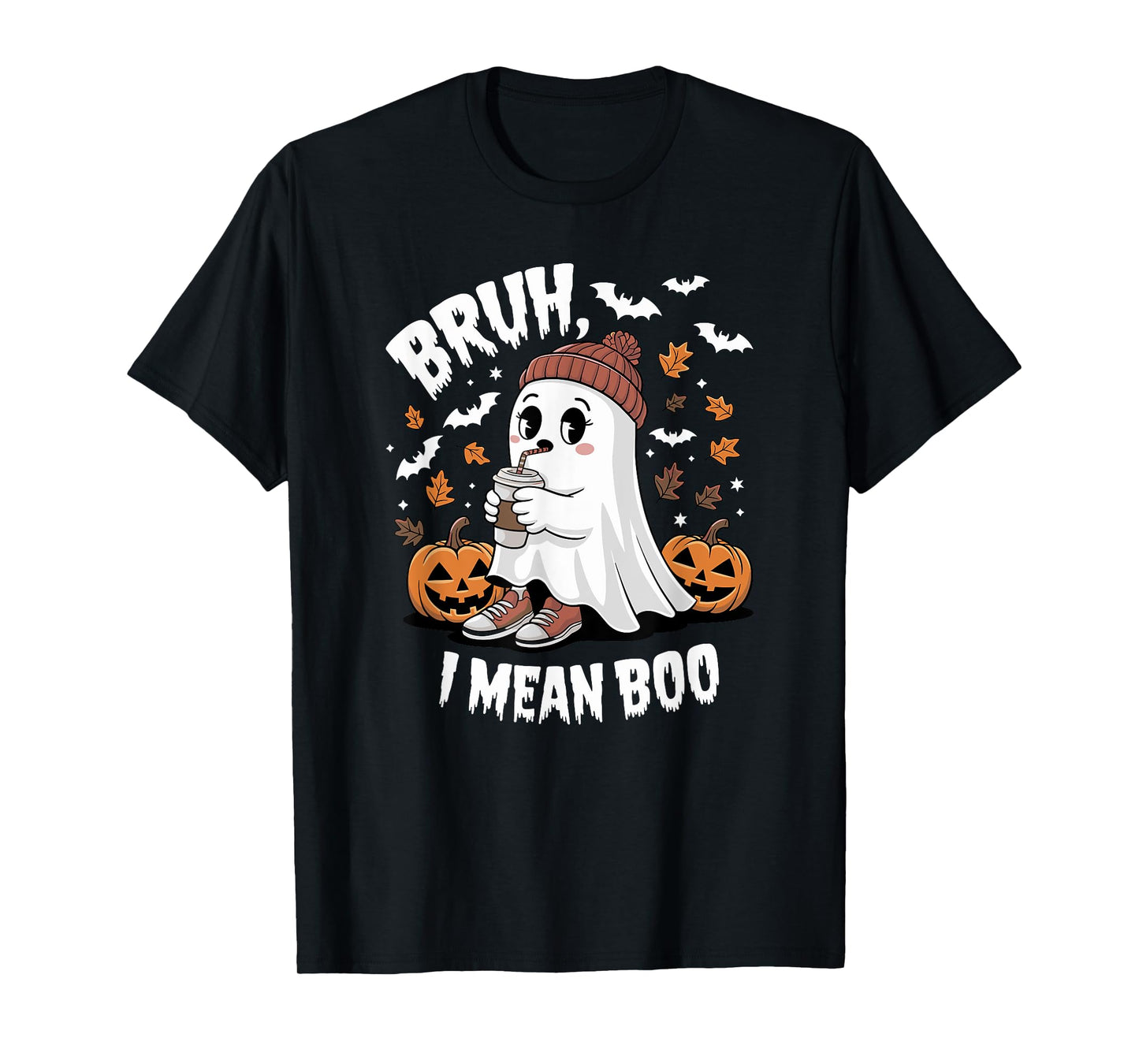 Bruh Ghost I Mean Boo Halloween Ghost Drinking Latte Coffee T-Shirt