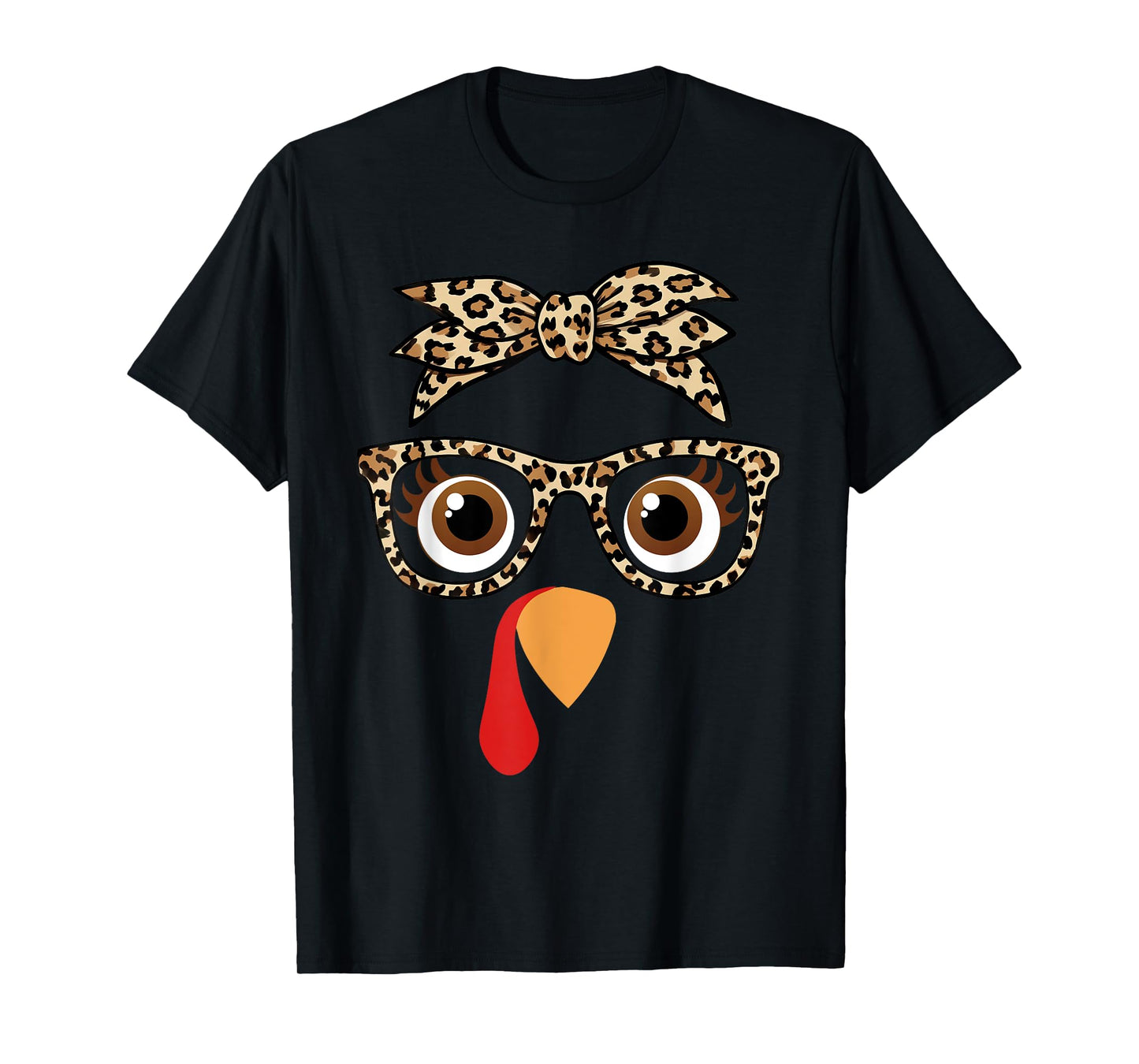 Thanksgiving Turkey Face Girl Leopard Bow And Glasses Women T-Shirt