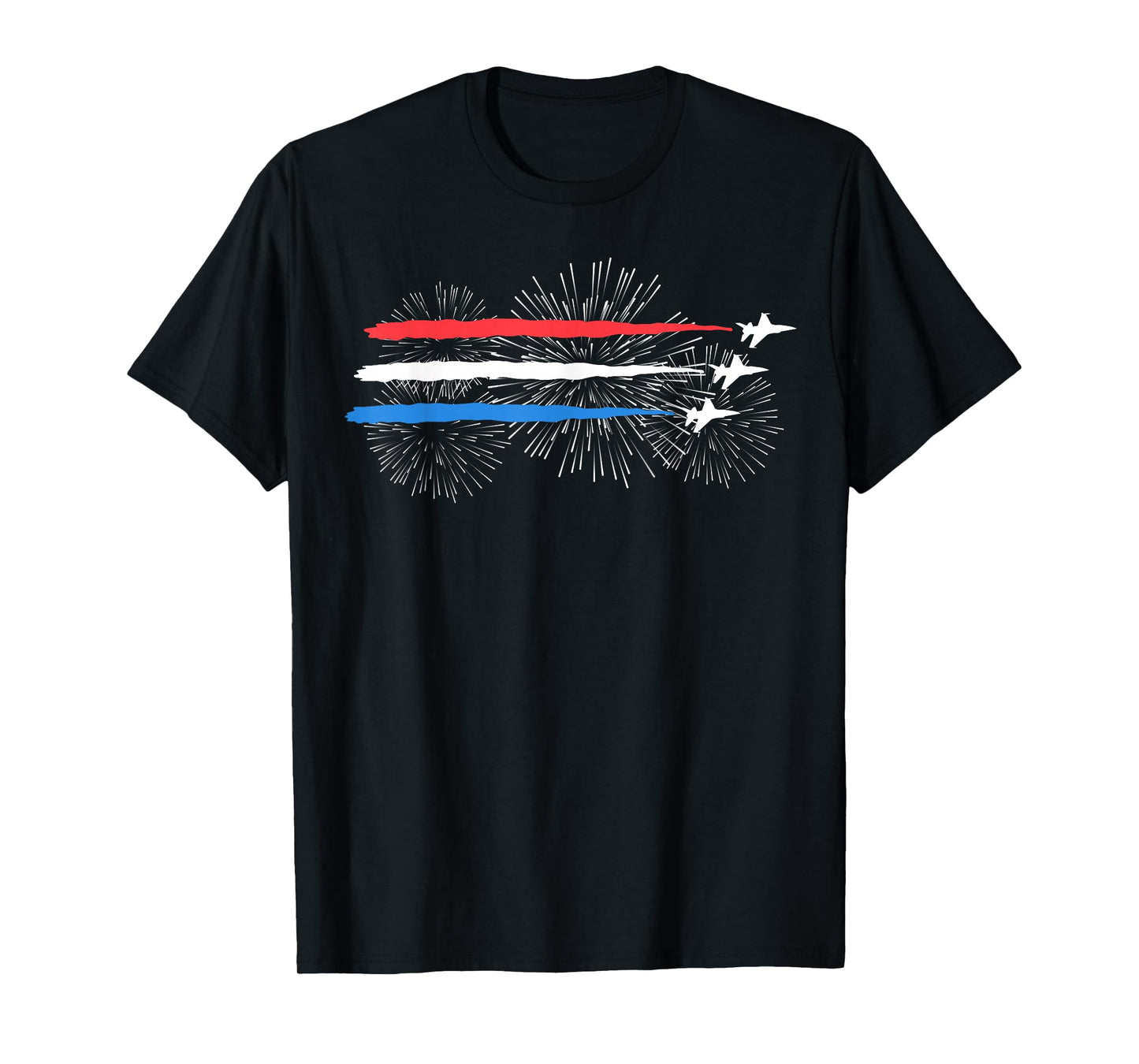 Red White and Blue Fighter Jets with Fireworks 4th of July T-Shirt