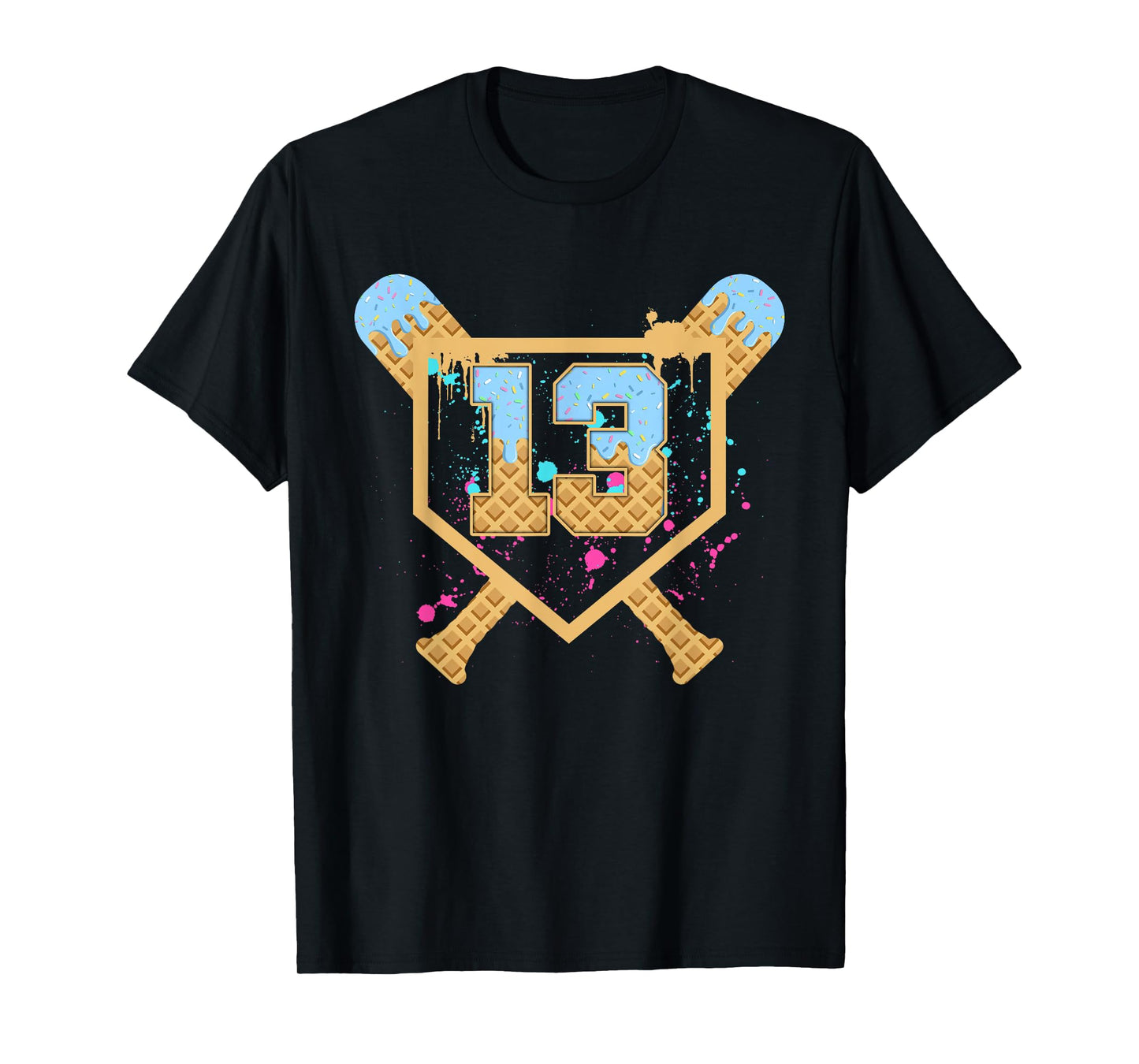 Baseball 13 Year Old Ice Cream Drip 13th Birthday Number 13 T-Shirt