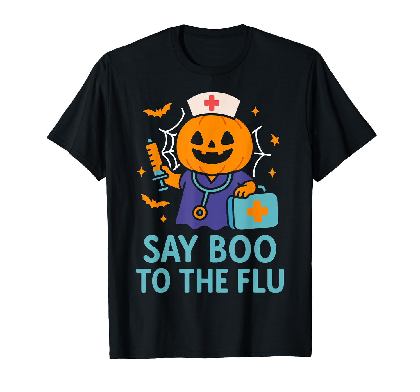 Say Boo to The Flu Nurse Halloween Vaccine Pumpkin Crew T-Shirt