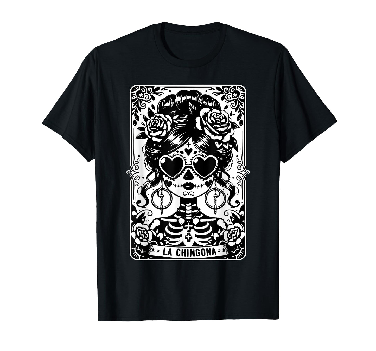 Retro La Chingona Tarot Card Mexican Skull Skeleton Women T-Shirt