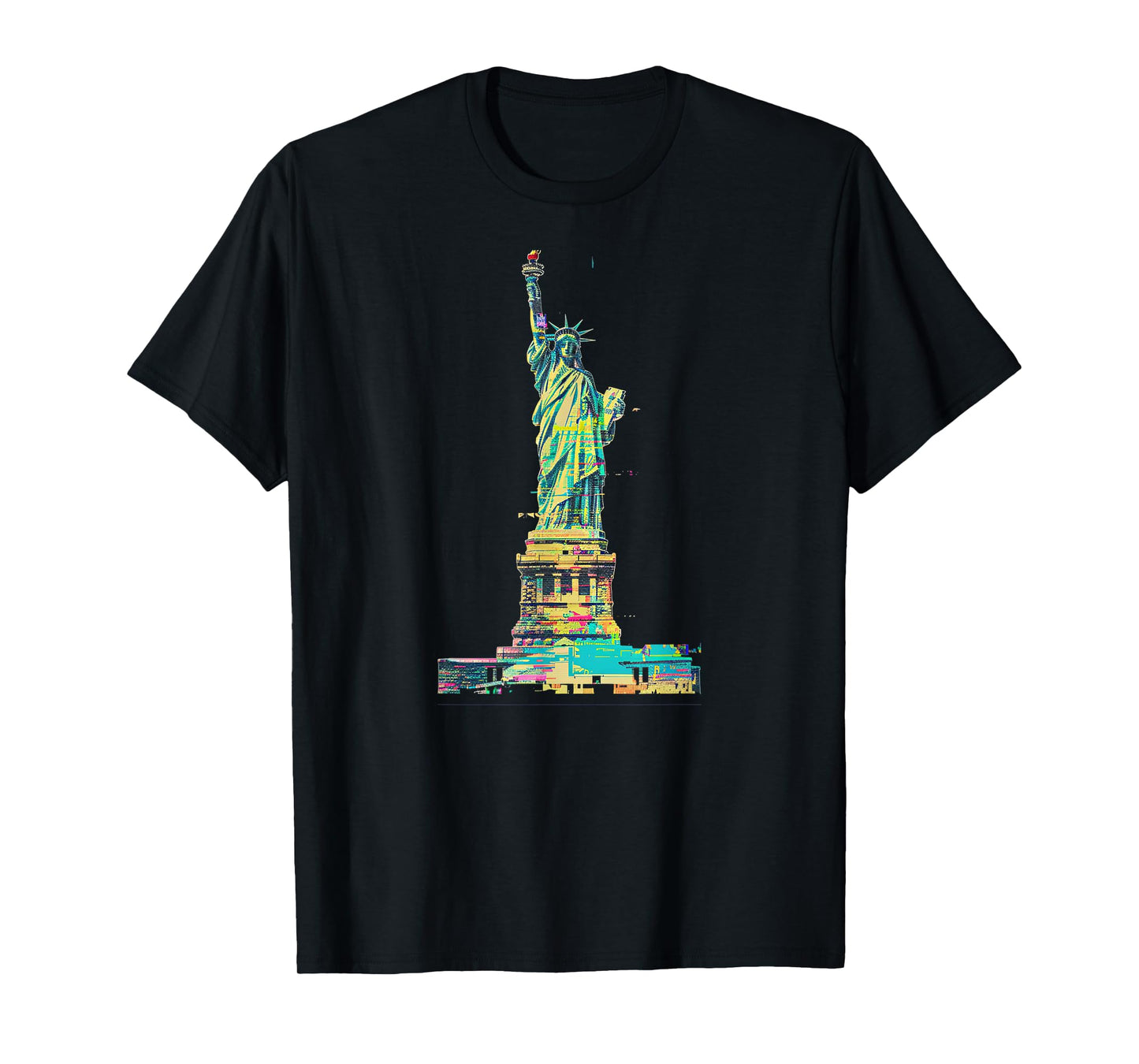 Glitch Art Statue of Liberty Cyan Magenta Yellow T-Shirt