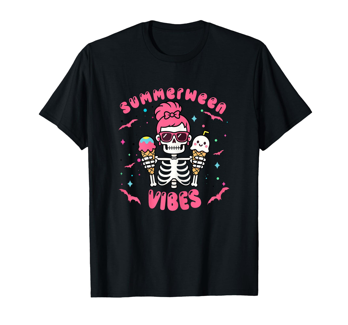Summerween Vibes Skeletonb Halloween Summer Pink Hair T-Shirt