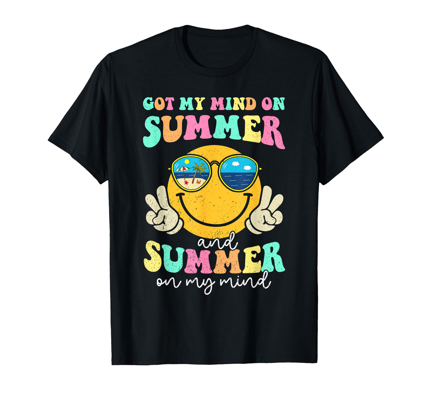 Groovy Happy Face Summer Vibes Got My Mind On Summer Teacher T-Shirt
