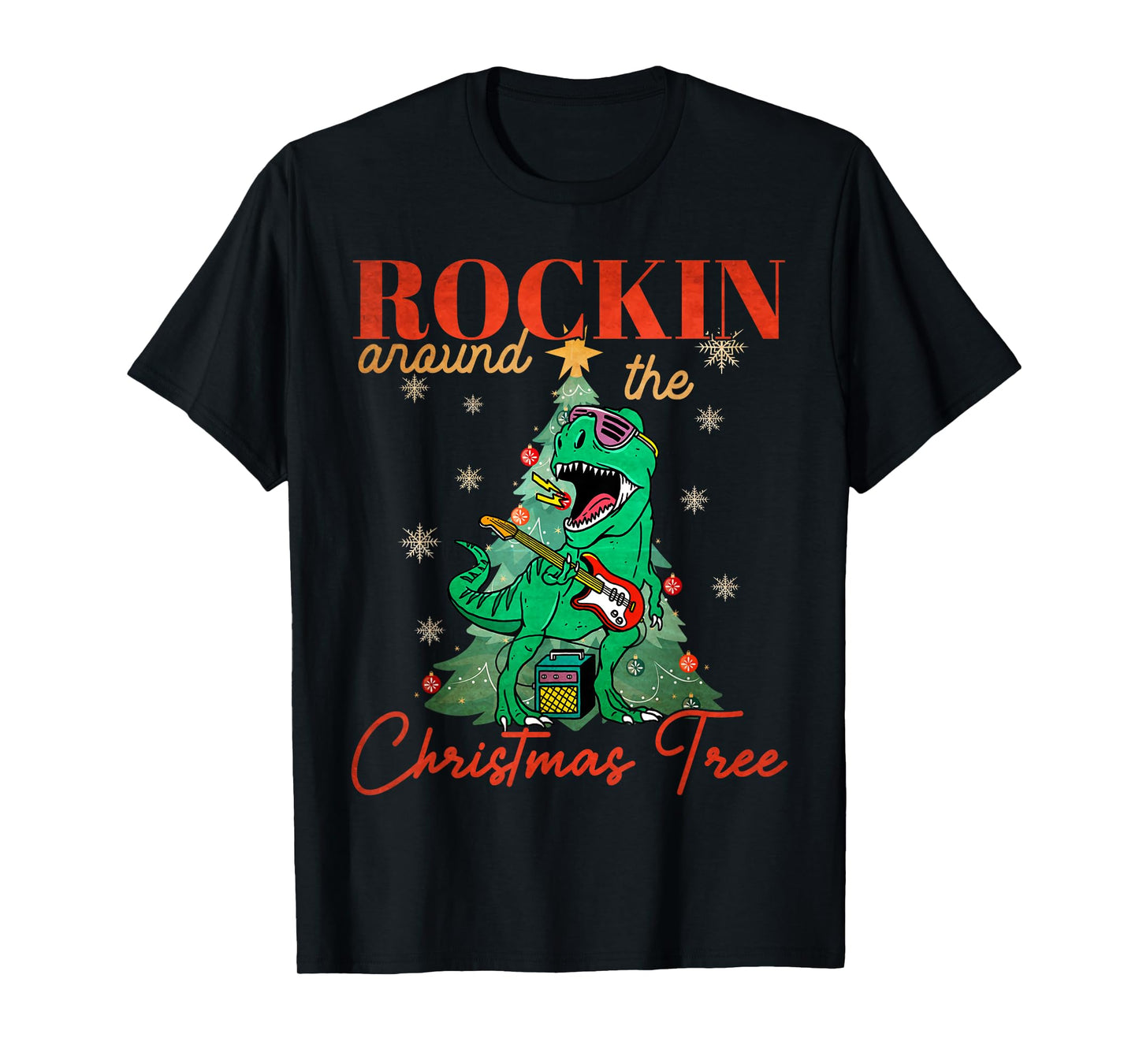 Rocking Around The Christmas Tree T-rex Rock and Roll Guitar T-Shirt