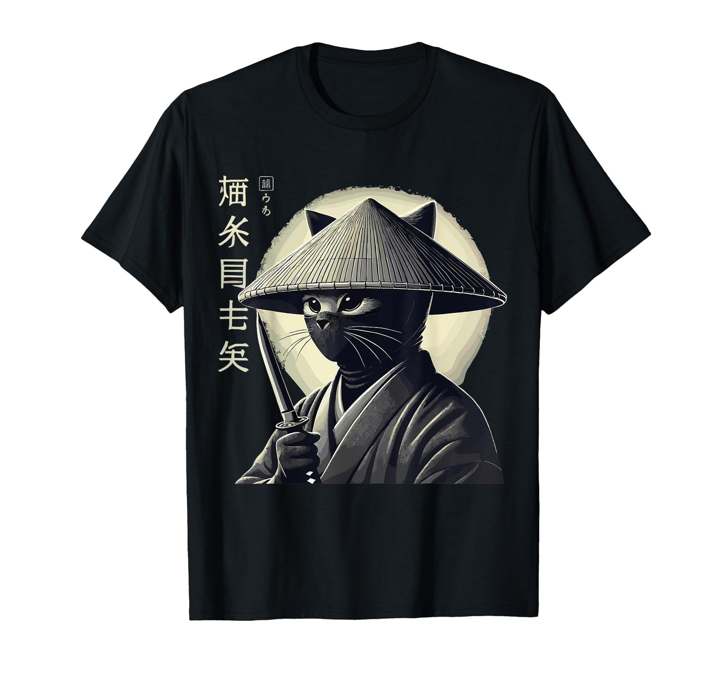 Samurai Cat Graphic Tee Warrior Vintage Japanese Art Anime T-Shirt for Men Women