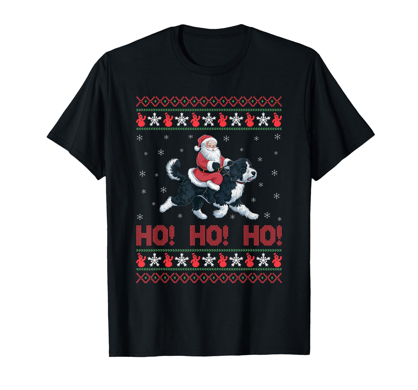 Ho Ho Ho Santa Riding Bernedoodle Dog Ugly Christmas Sweater T-Shirt