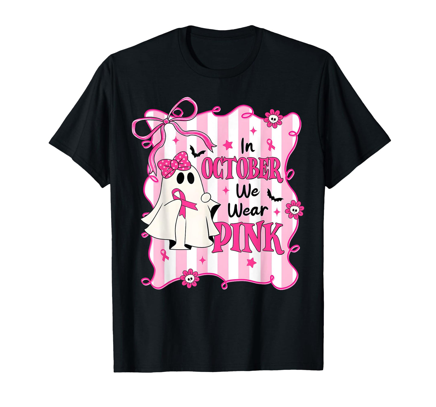 In October We Wear Pink Bow Ghost Breast Cancer Awareness T-Shirt