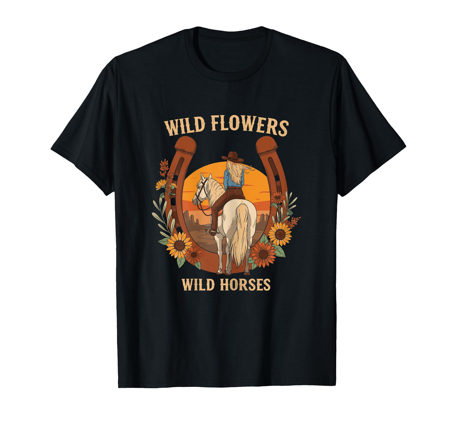 Wild Flowers Wild Horses Retro Rodeo Western Country Cowgirl T-Shirt