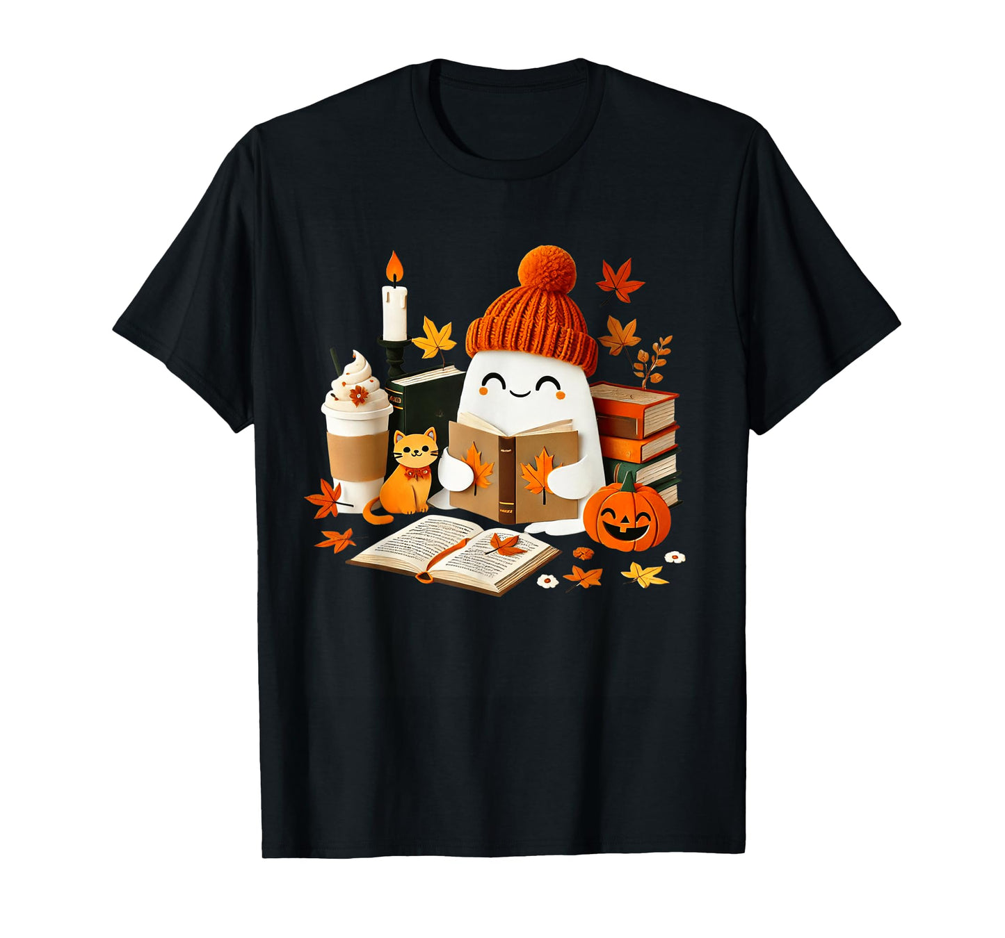 Cute Ghost Cat Reading Book Lovers Halloween Women Girls T-Shirt