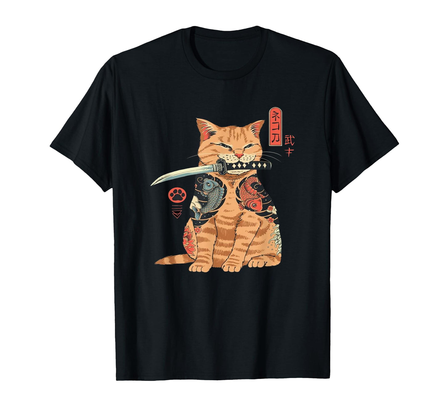 Alexamerch Cats Japanese Samurai Ninja Cat Kawaii Tattoo Graphic T-Shirt - Kids, Anime Fans, Casual Wear Lovers - Unisex - Black - Small - Short Sleeve - Classic Fit - Cotton, Polyester