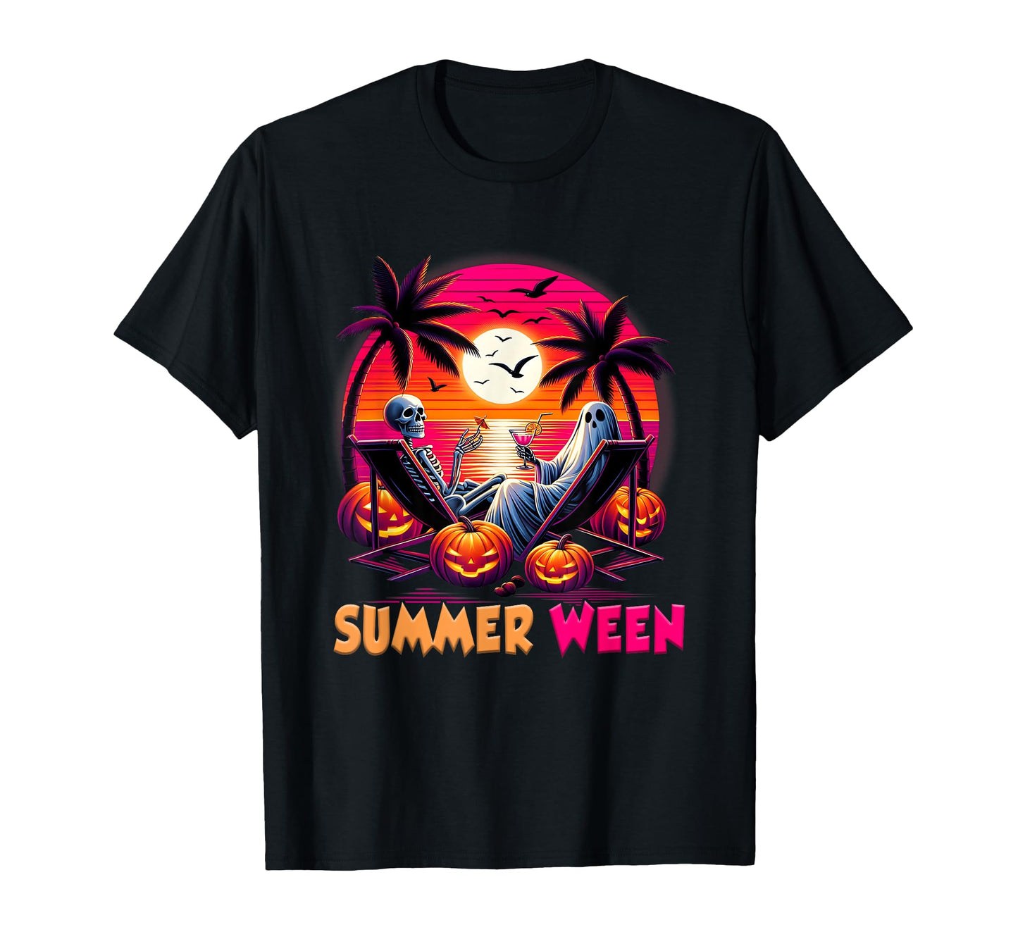 Skeleton Summer-ween Beach Halloween Vibe Sunset Party T-Shirt