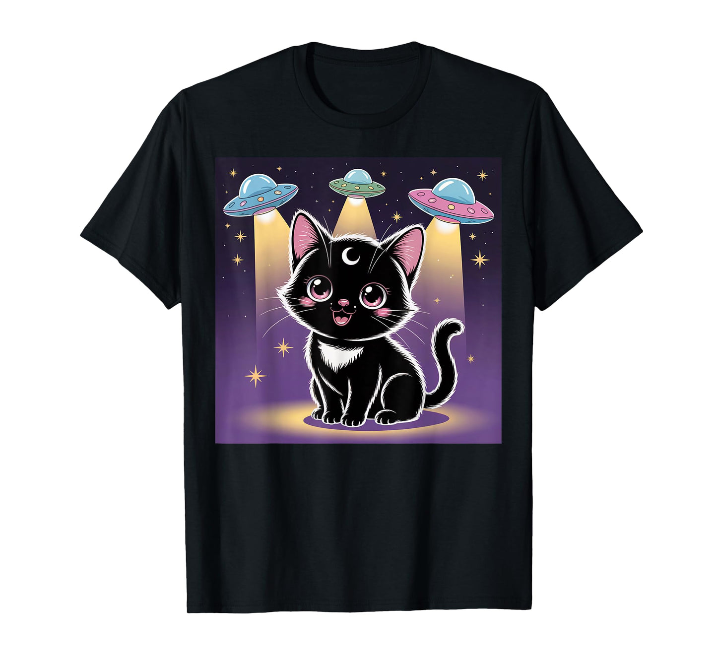 Black Cat Alien UFOs Cute Kawaii Goth Girl Clothes Pink Goth T-Shirt