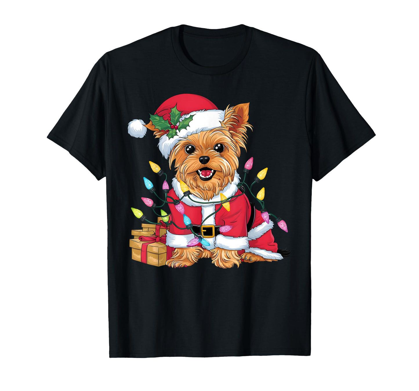 Family Xmas Lighting Santa Yorkie Dog Christmas T-Shirt