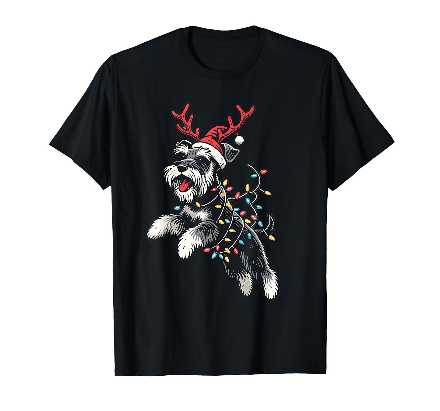 Miniature Schnauzer Dog Santa Hat Christmas Lights Pajama T-Shirt for Men Women Kids