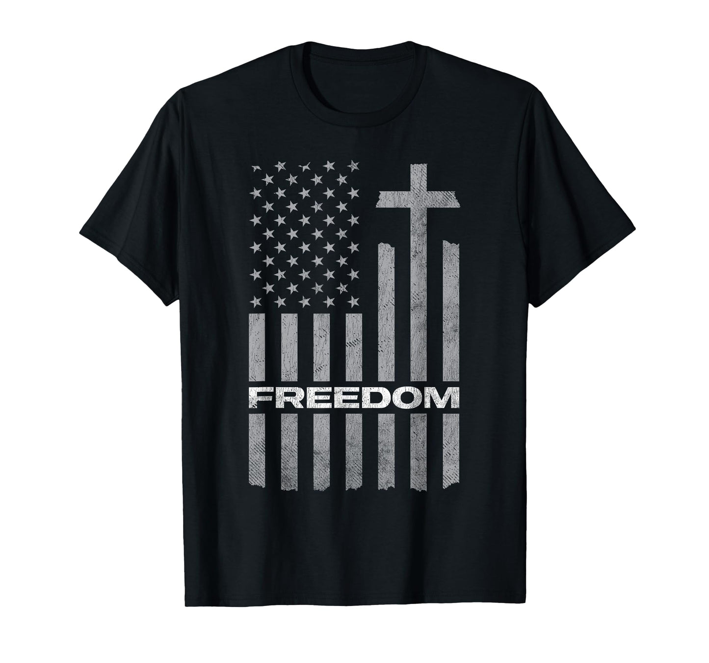 Freedom Distressed American Flag Cross Christian T-Shirt